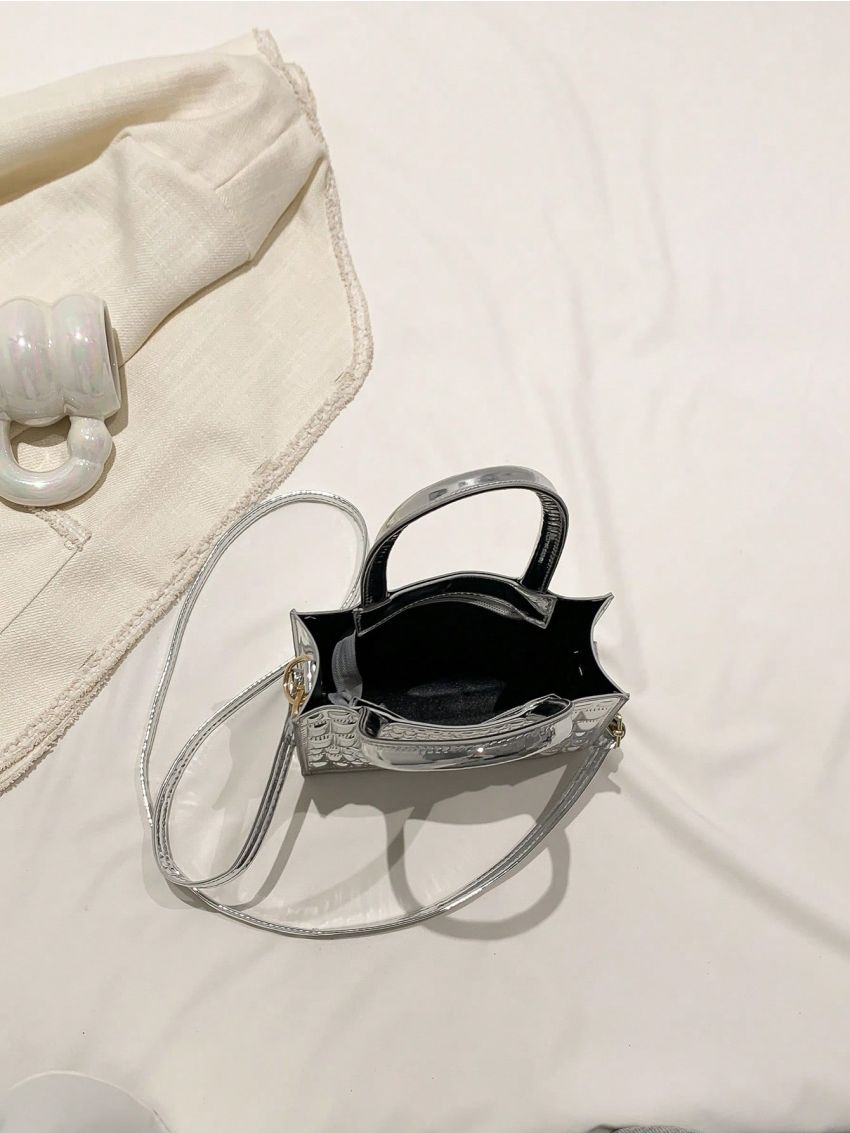 Mini Square Bag Crocodile Embossed Silver Funky