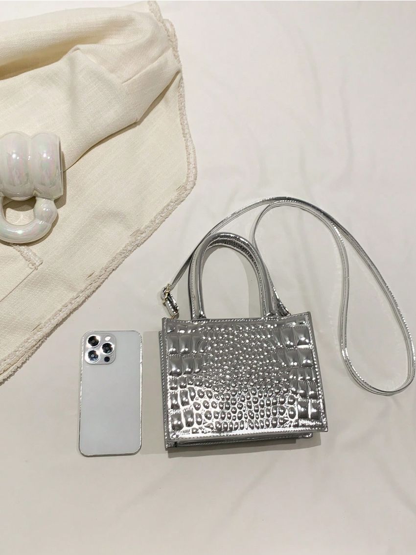 Mini Square Bag Crocodile Embossed Silver Funky