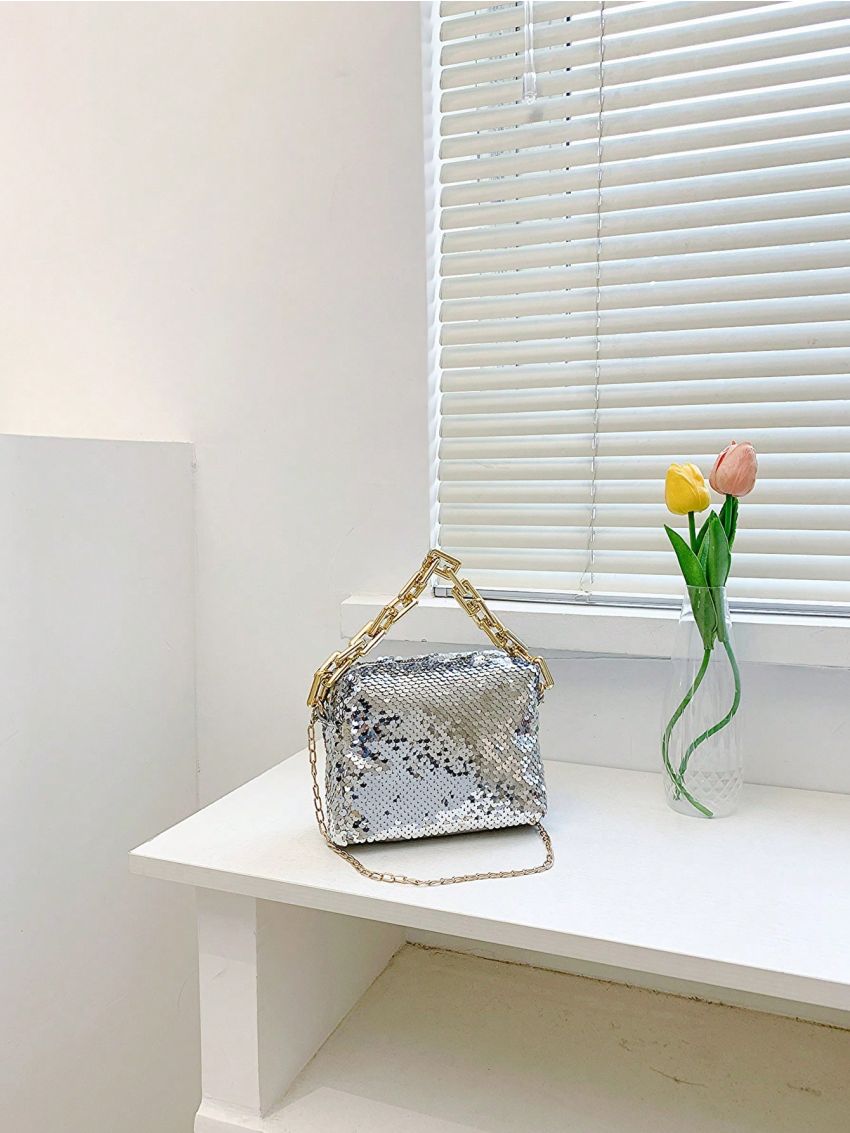 Mini Square Bag Blue Sequins & Chain Decor