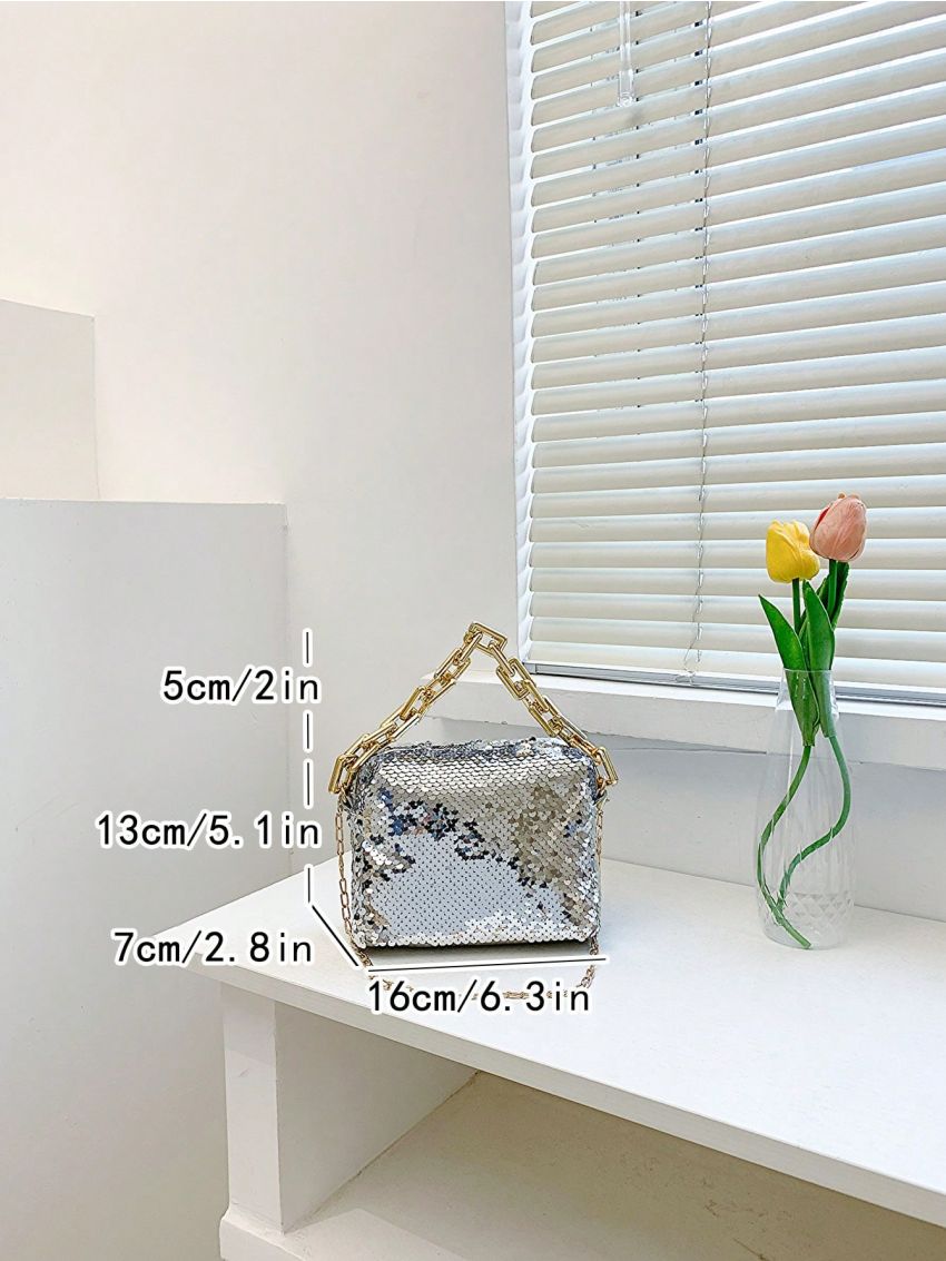 Mini Square Bag Blue Sequins & Chain Decor