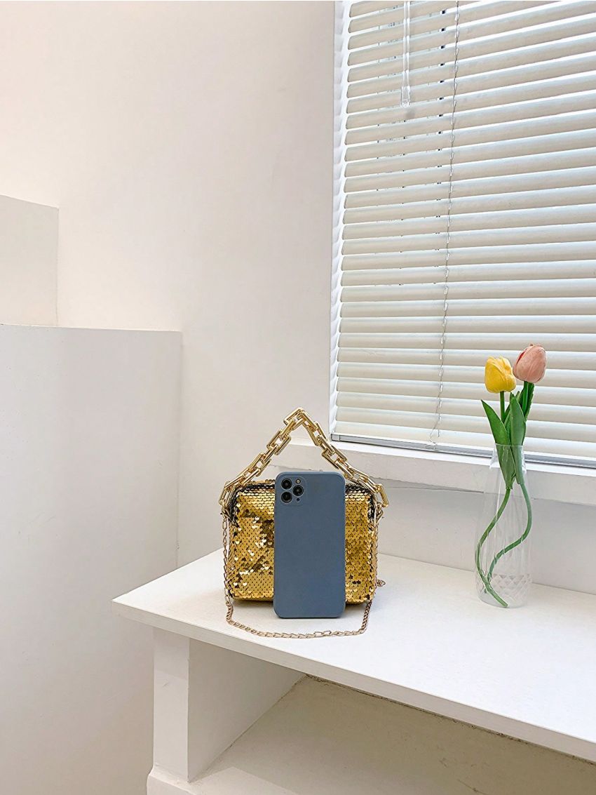Mini Square Bag Gold Sequins & Chain Decor