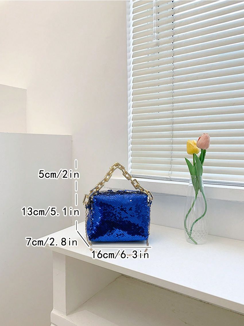 Mini Square Bag Blue Sequins & Chain Decor