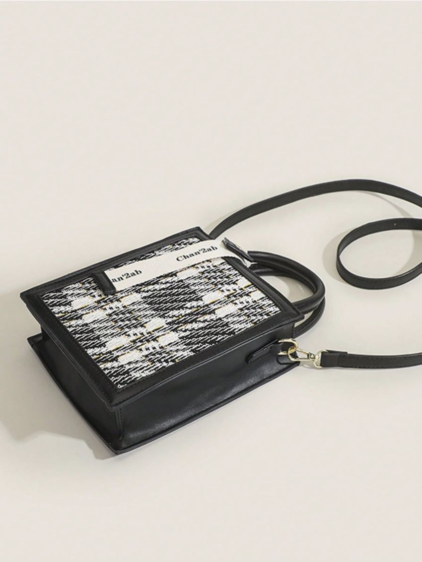 Mini Square Bag Plaid Pattern Letter Tape Decor