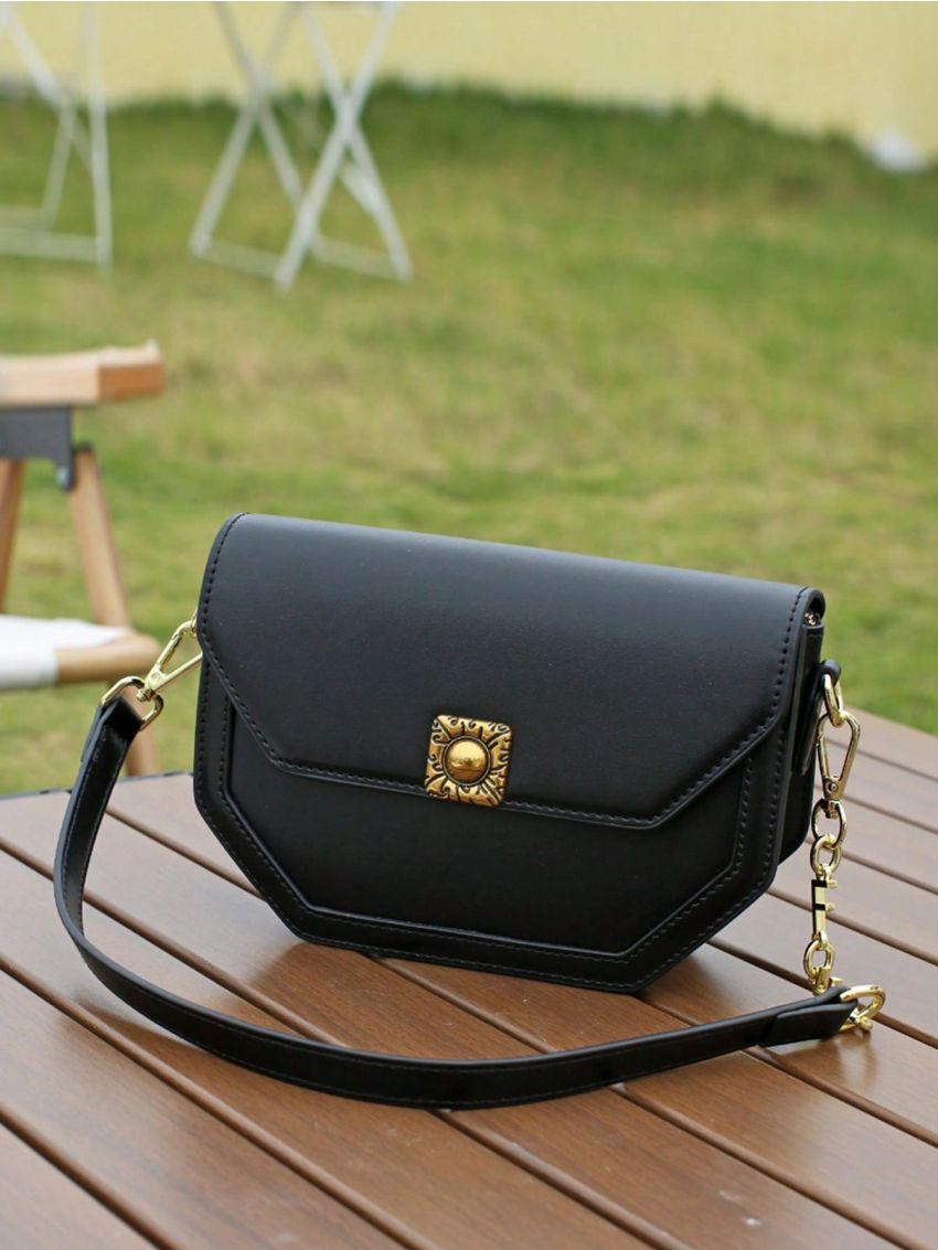 Small Flap Novelty Bag Metal Decor Minimalist Black