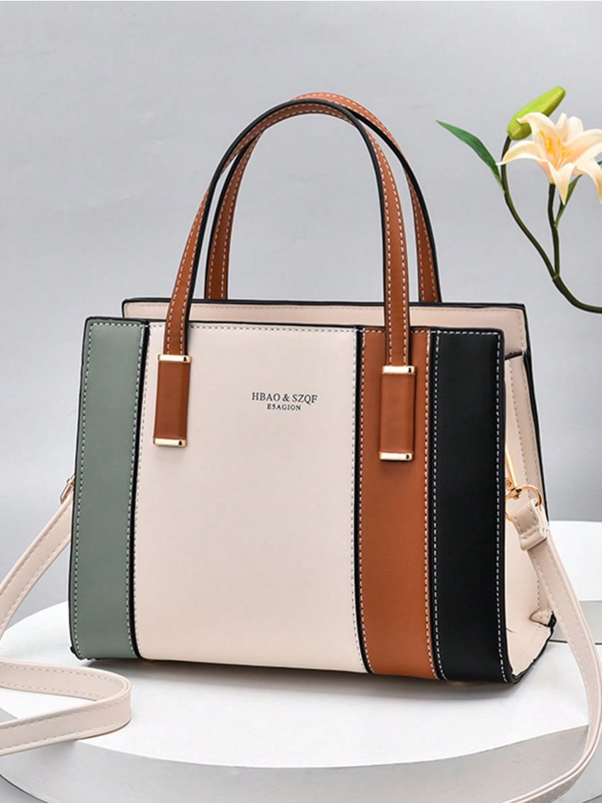 Classic Style Striped Handbag, Women's Colorblock Shoulder Bag, Fashion PU Crossbody Bag