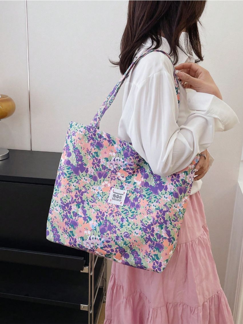 Large Shopper Bag Floral Graphic Letter Patch Decor