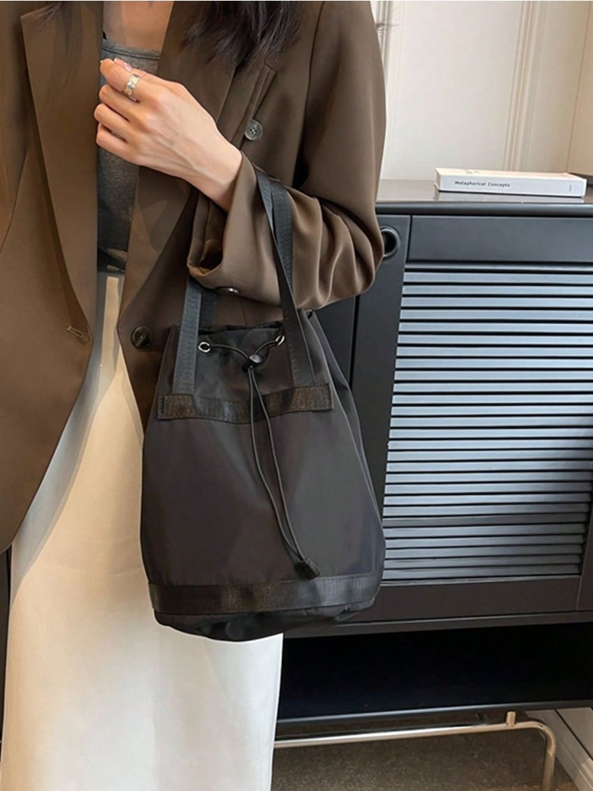 Small Bucket Bag Drawstring Design Nylon Black