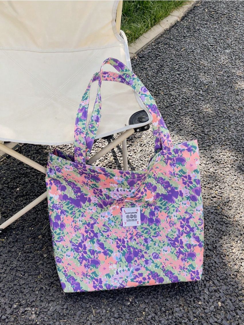 Large Shopper Bag Floral Graphic Letter Patch Decor