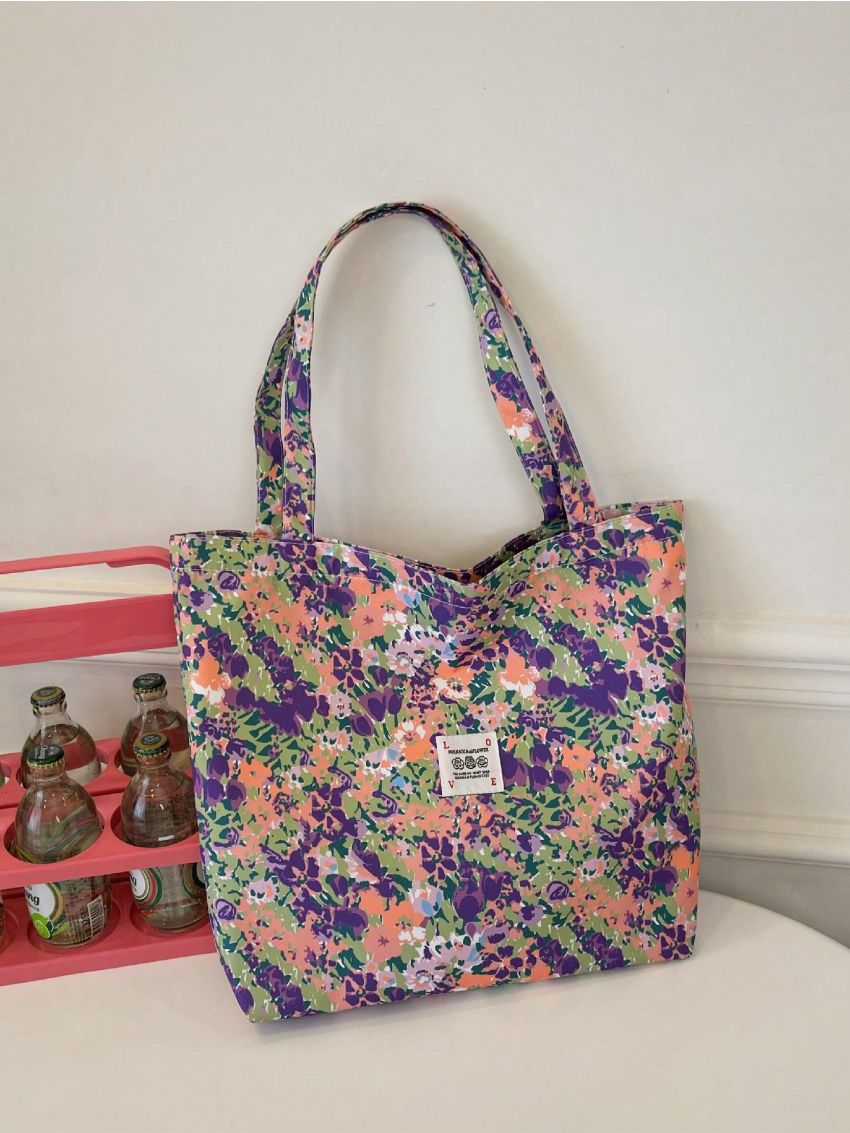 Large Shopper Bag Floral Graphic Letter Patch Decor