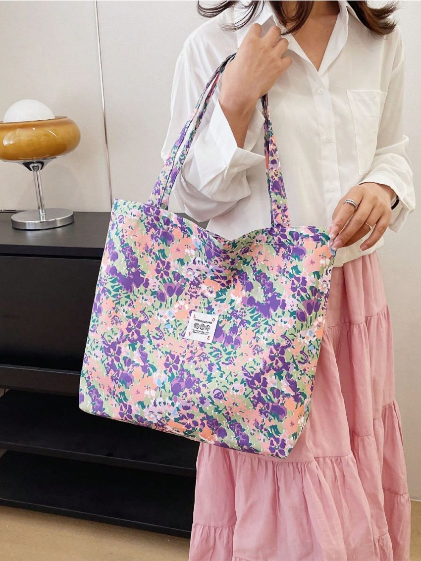 Large Shopper Bag Floral Graphic Letter Patch Decor