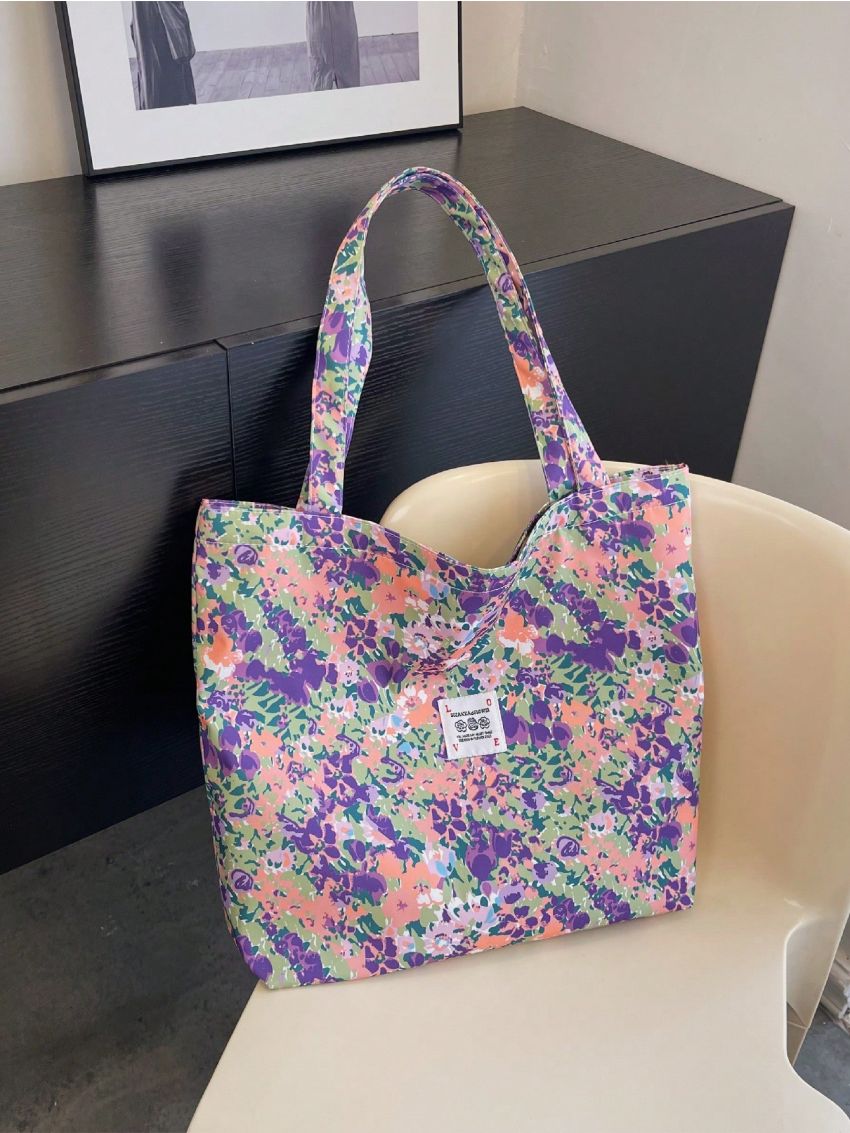 Large Shopper Bag Floral Graphic Letter Patch Decor