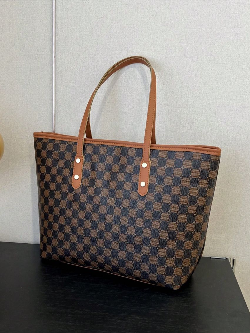 Small Shoulder Tote Bag Geometric Pattern Contrast Binding Elegant, Mothers Day Gift For Mom