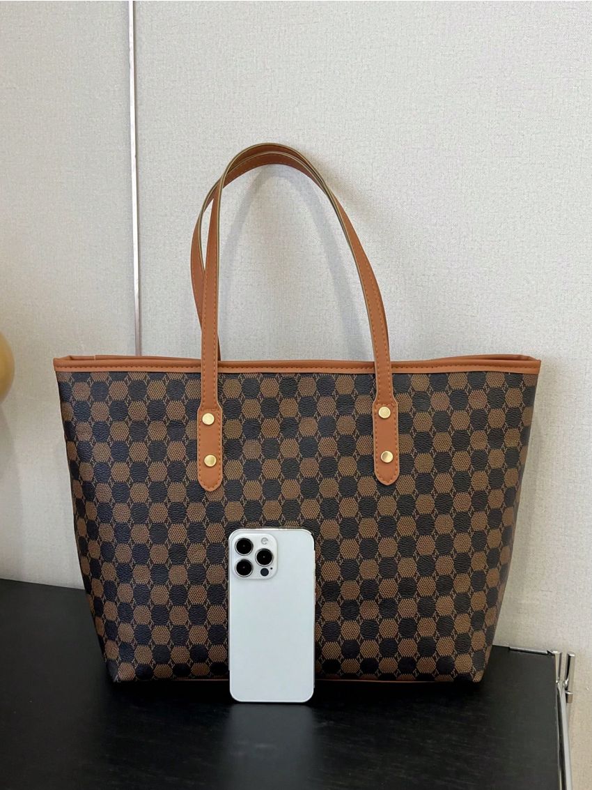 Small Shoulder Tote Bag Geometric Pattern Contrast Binding Elegant, Mothers Day Gift For Mom