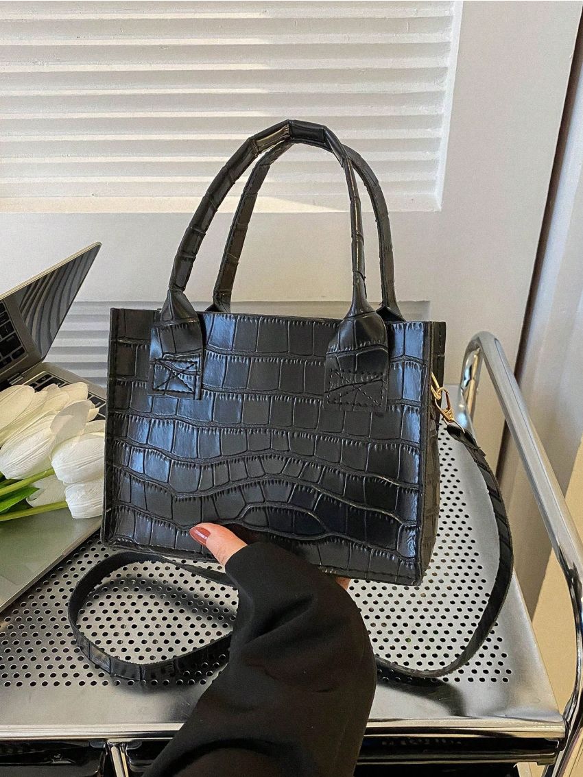 Mini Square Bag Crocodile Embossed Minimalist Black