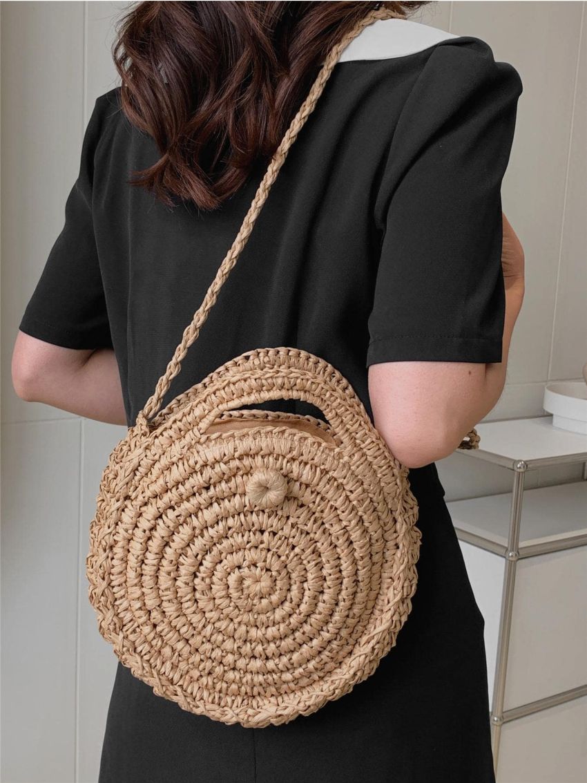 Small Straw Bag Solid Color Double Handle Vacation Style