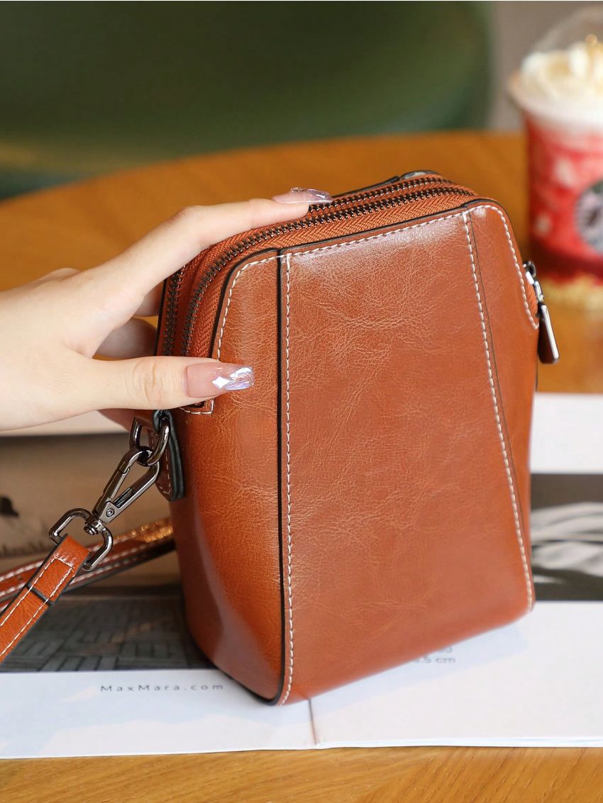 Metal Flower Decor Phone Wallet Vintage Brown Genuine Leather