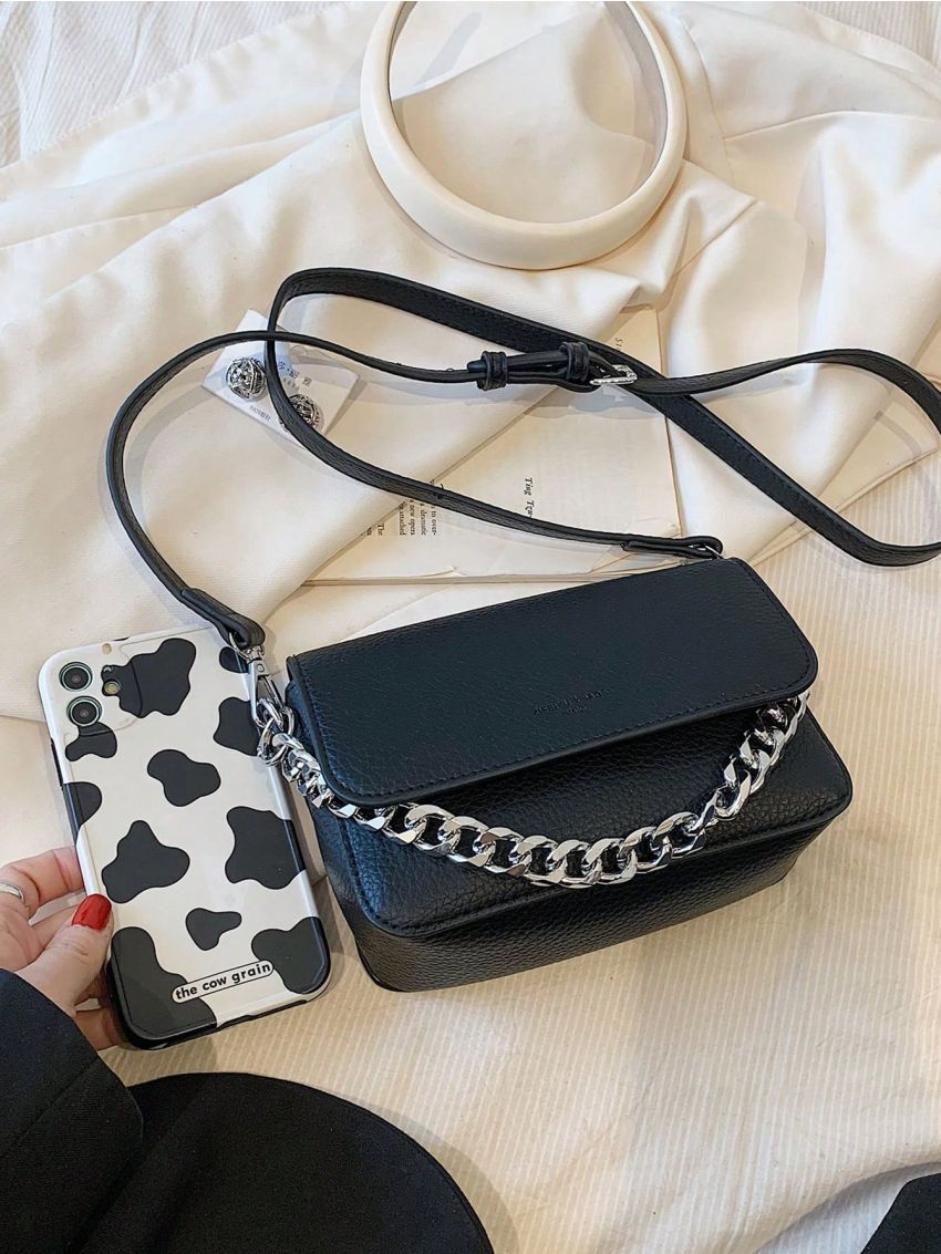 Mini Square Bag Chain Decor Litchi Embossed Flap PU