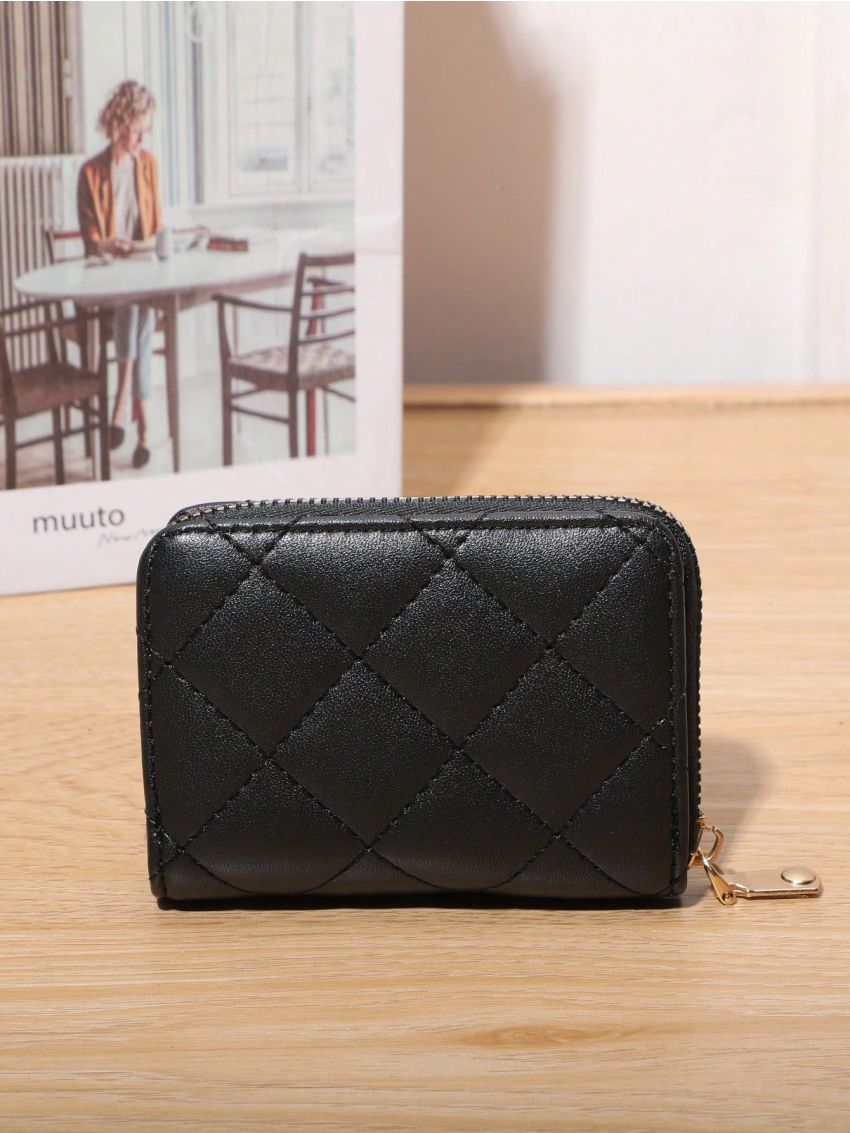 Black Classic Card Holder Quilted Detail Zipper PU