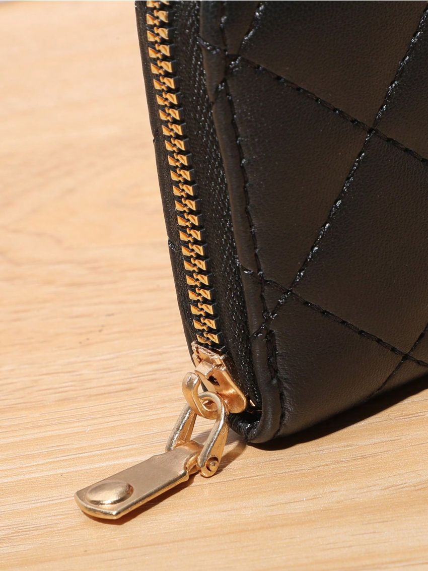 Black Classic Card Holder Quilted Detail Zipper PU