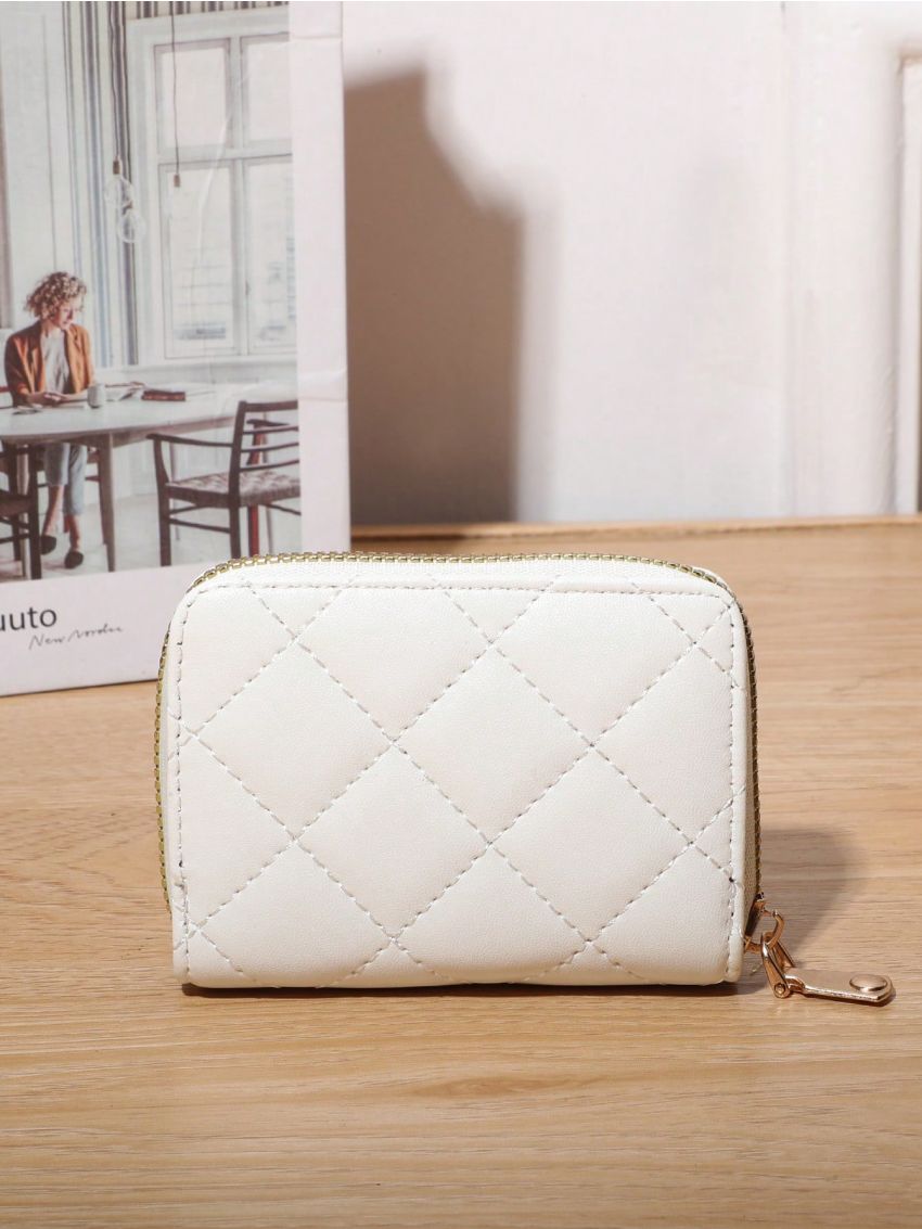 White Classic Card Holder Quilted Detail Zipper PU