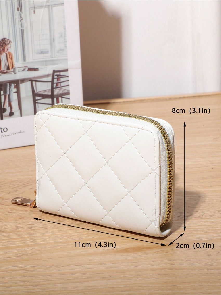White Classic Card Holder Quilted Detail Zipper PU