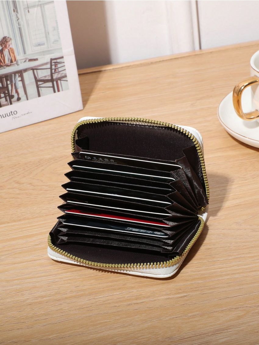 White Classic Card Holder Quilted Detail Zipper PU