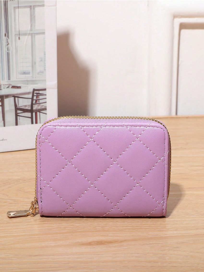 Purple Classic Card Holder Quilted Detail Zipper PU