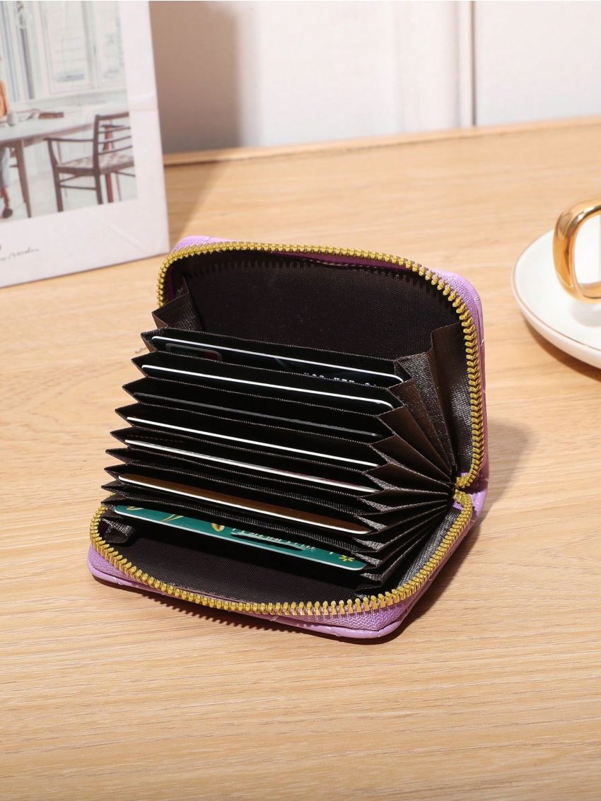 Purple Classic Card Holder Quilted Detail Zipper PU