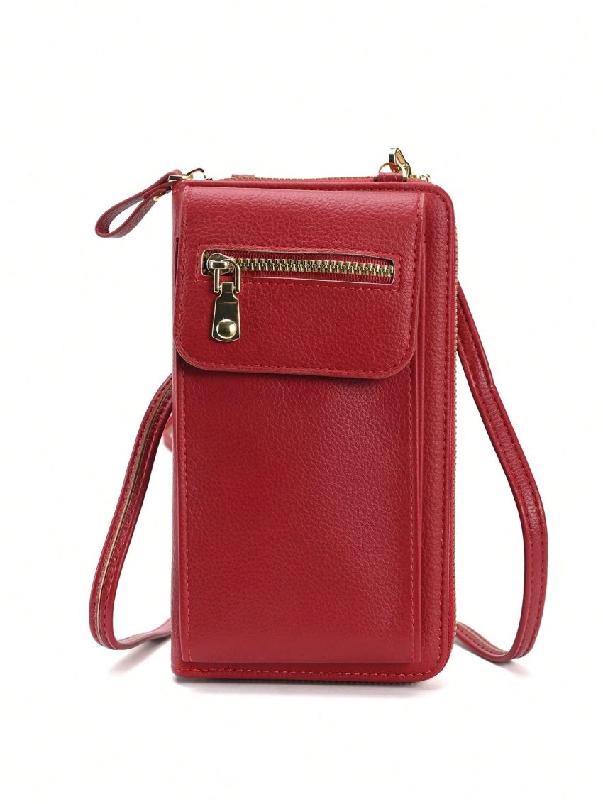 Minimalist Phone Wallet Zipper Pu Red Adjustable Strap