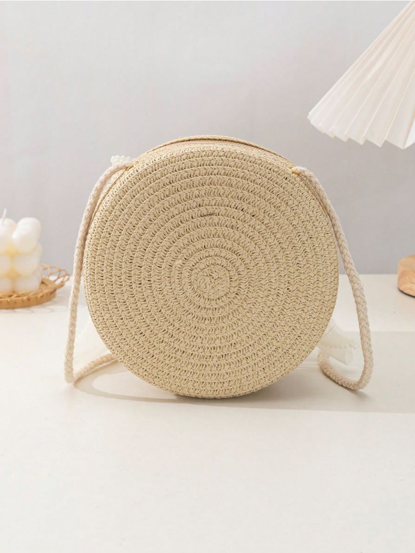 Bow Decor Straw Bag Mini Beige Vacation