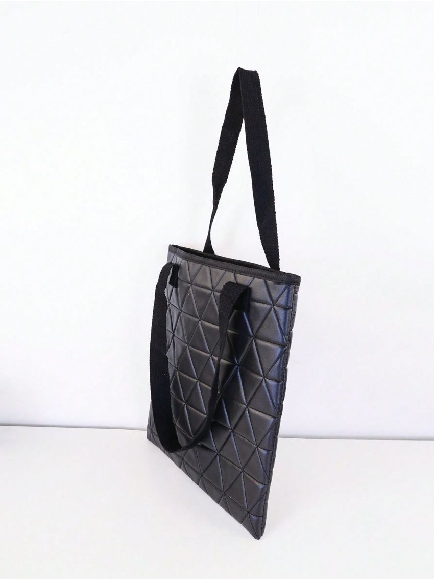 Quilted Shoulder Tote Bag Small Double Handle Black