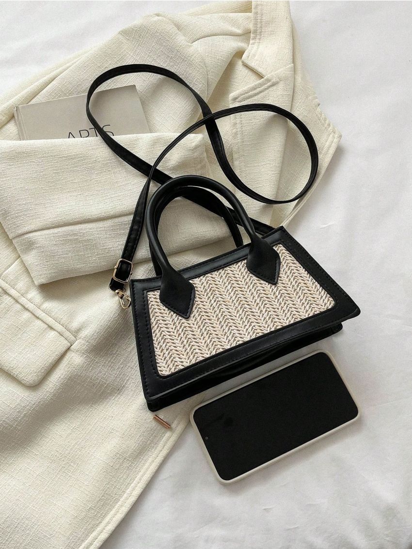 Colorblock Straw Bag Small Double Handle Vacation