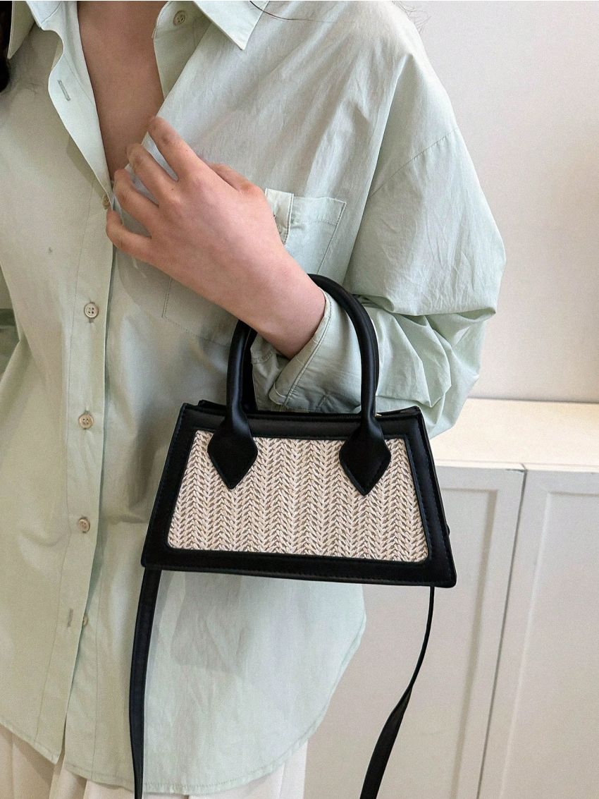 Colorblock Straw Bag Small Double Handle Vacation