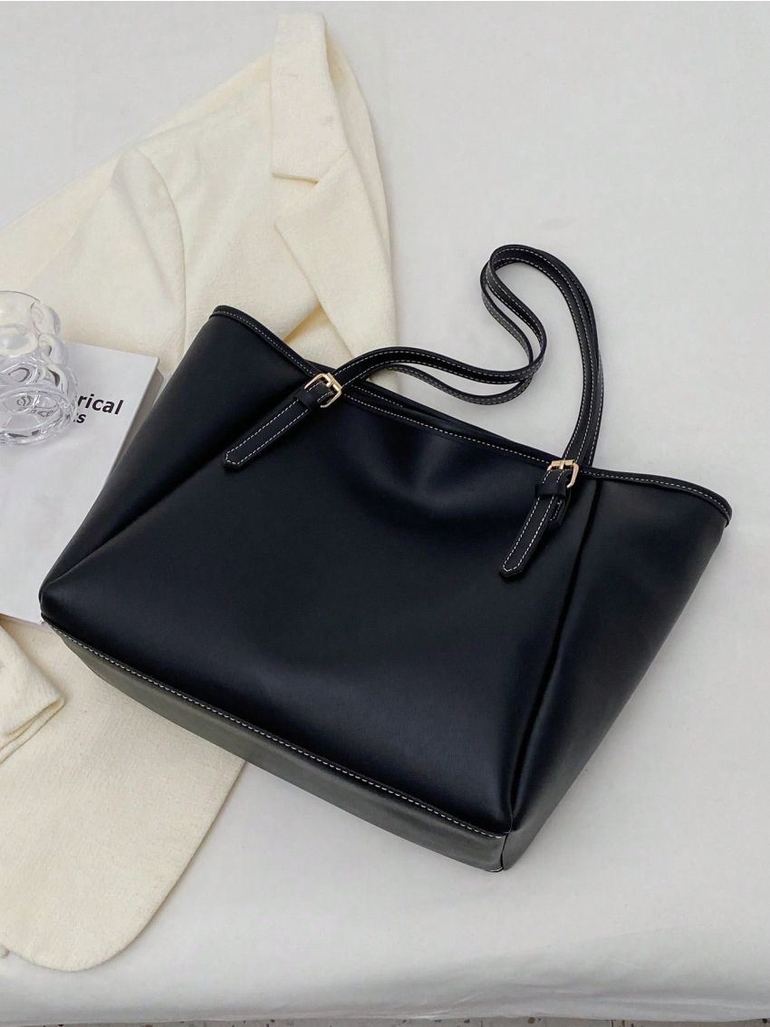 Minimalist Shoulder Tote Bag Buckle Decor Black Elegant