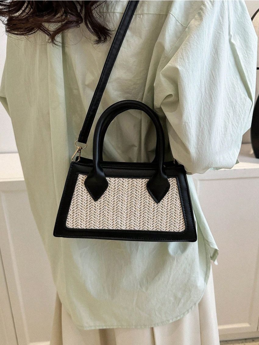 Colorblock Straw Bag Small Double Handle Vacation