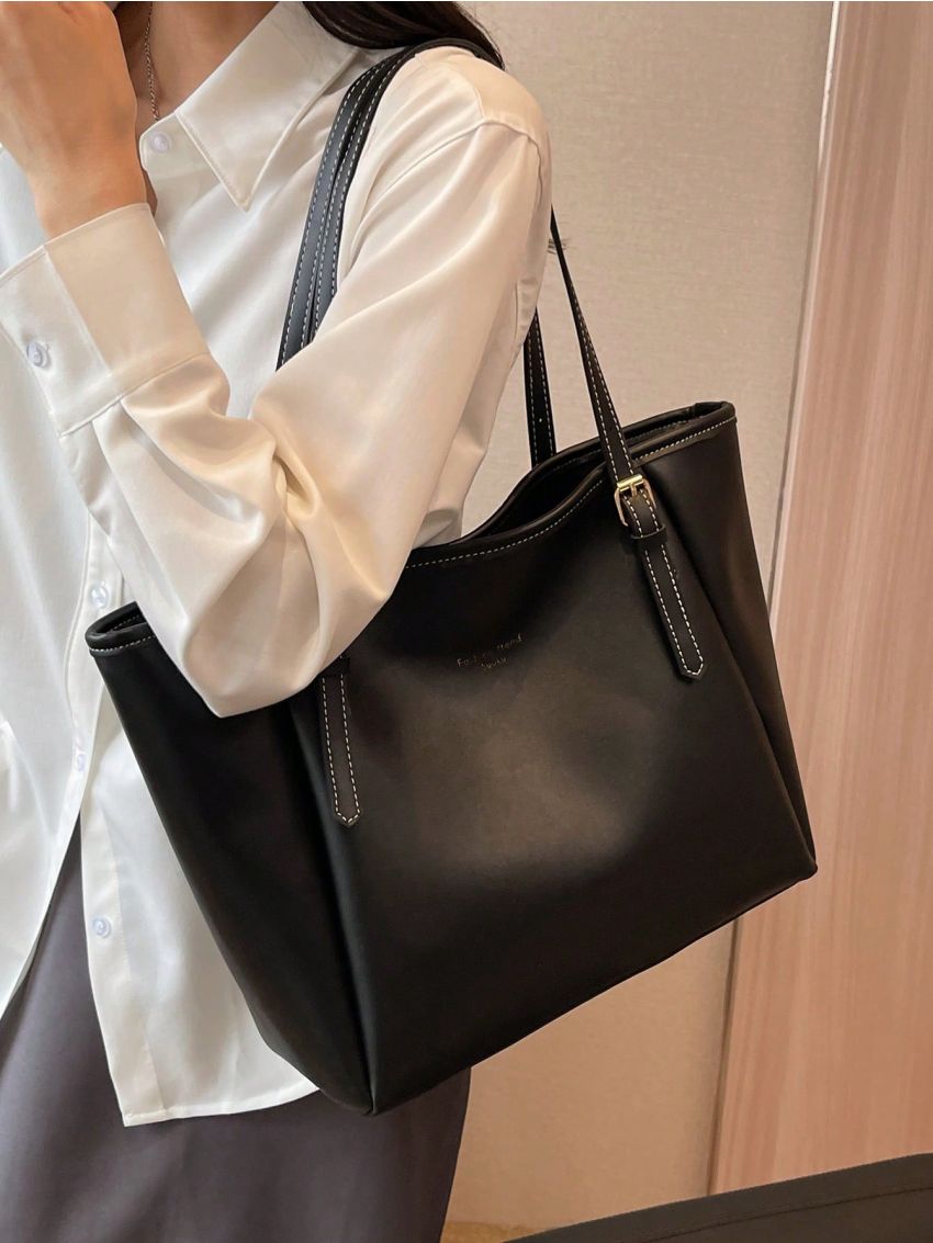 Minimalist Shoulder Tote Bag Buckle Decor Black Elegant