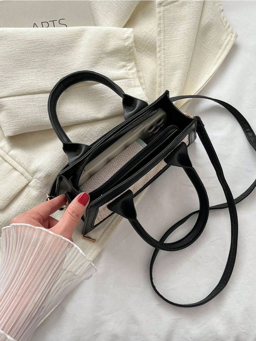 Colorblock Straw Bag Small Double Handle Vacation