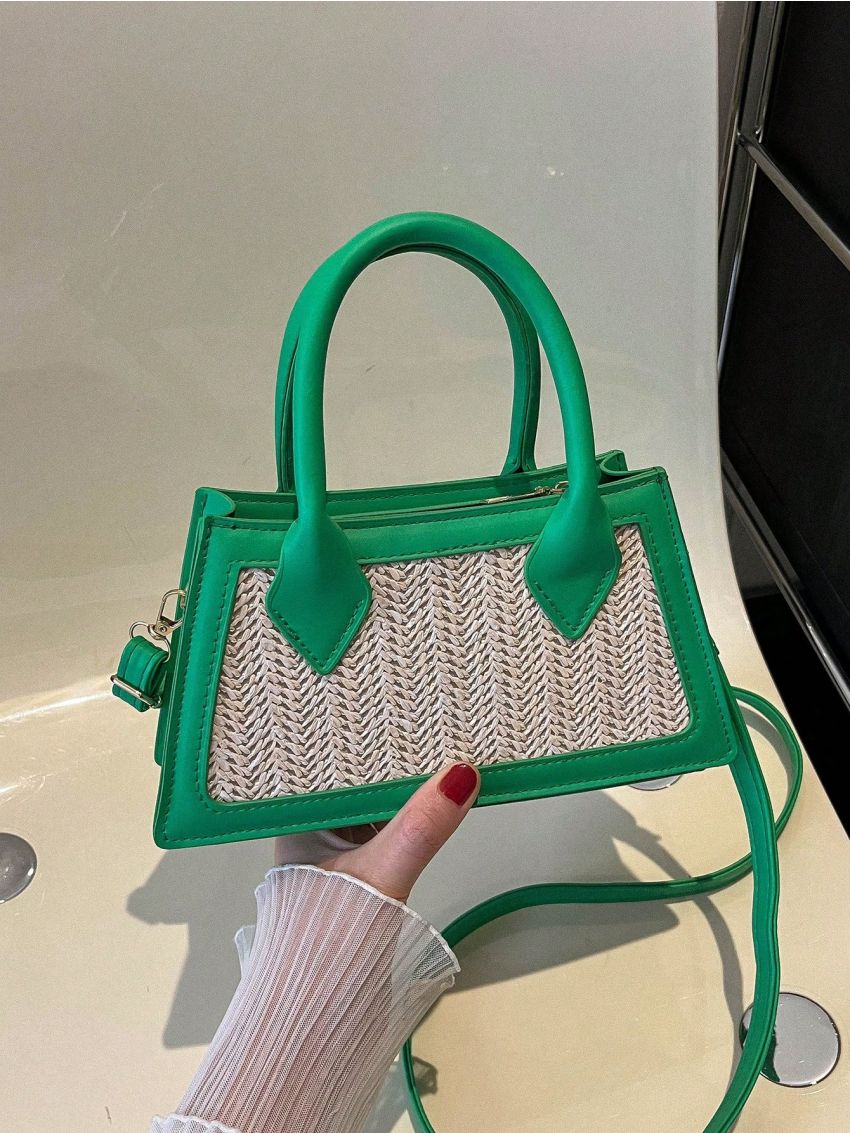 Colorblock Straw Bag Small Double Handle Vacation