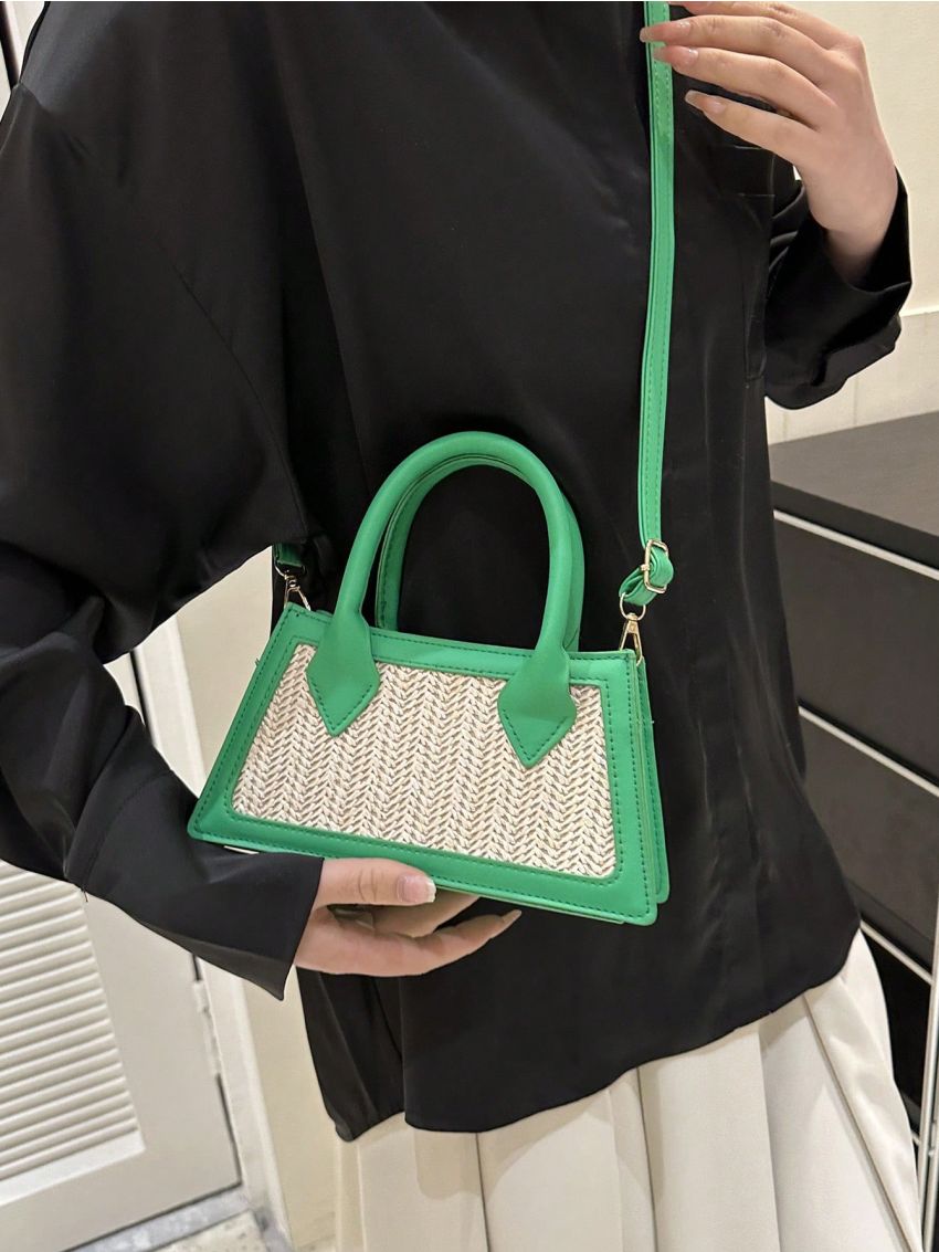 Colorblock Straw Bag Small Double Handle Vacation