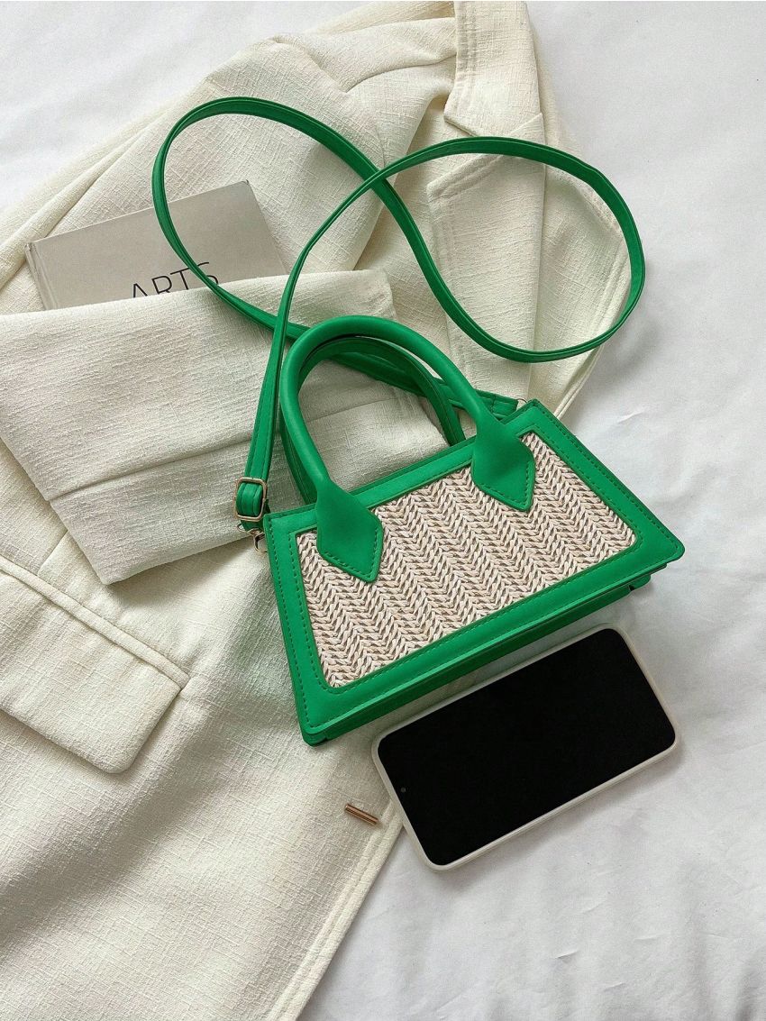 Colorblock Straw Bag Small Double Handle Vacation