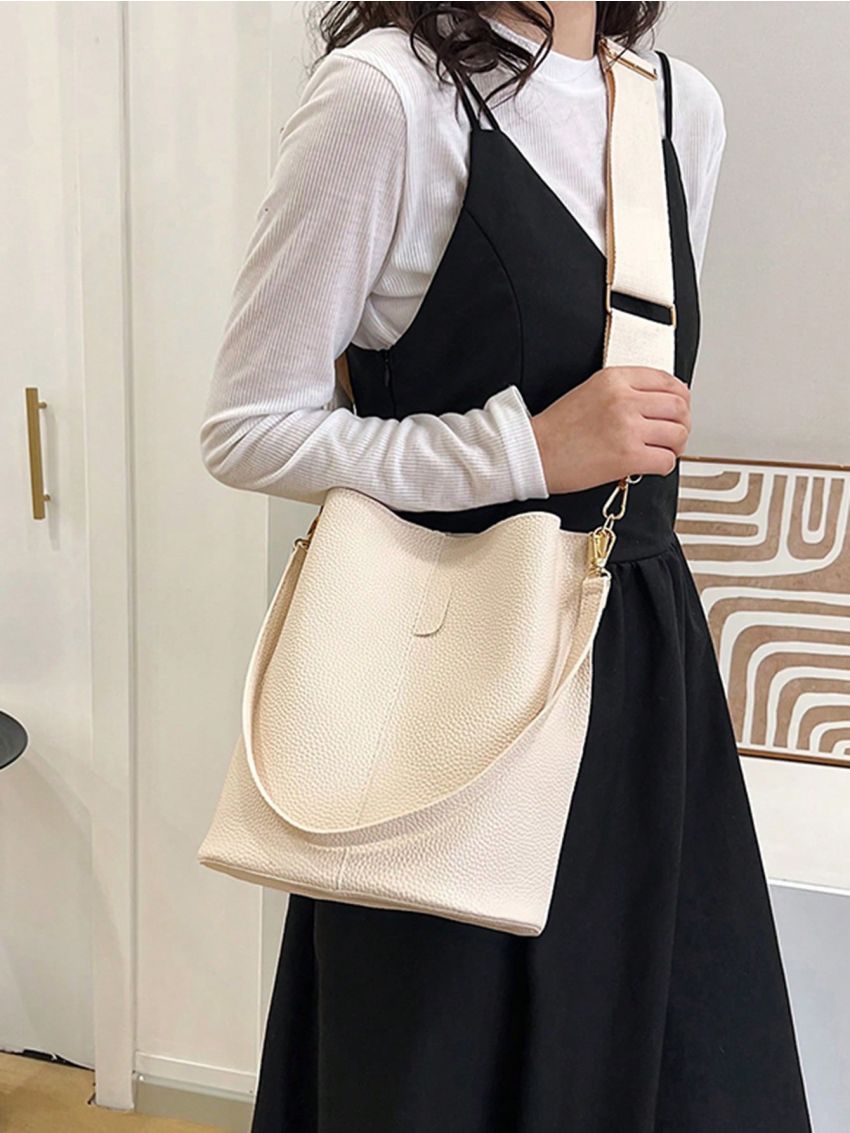 Minimalist Bucket Bag Small Pu Beige Litchi Embossed