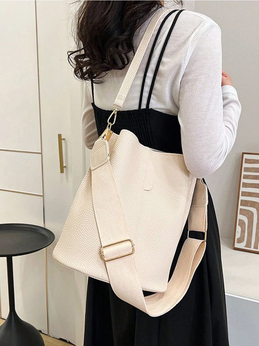 Minimalist Bucket Bag Small Pu Beige Litchi Embossed