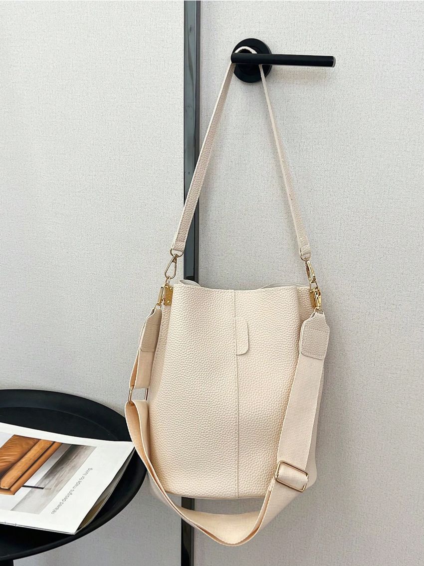 Minimalist Bucket Bag Small Pu Beige Litchi Embossed