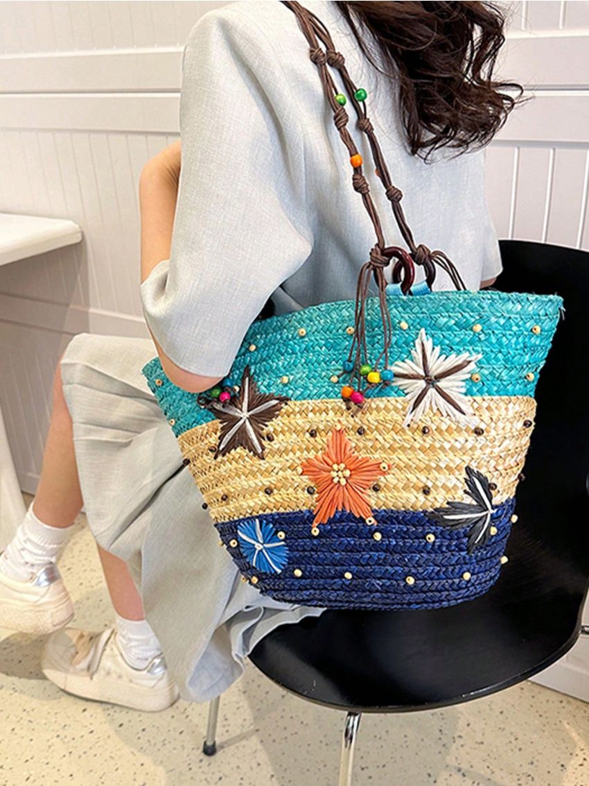 Color Block Geometric Pattern Straw Bag Small Vacation