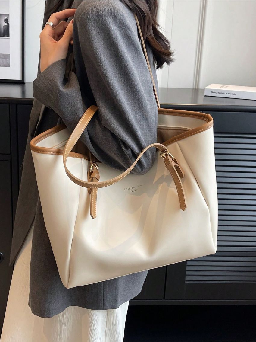 Large Shoulder Tote Bag Colorblock Buckle Decor For Work