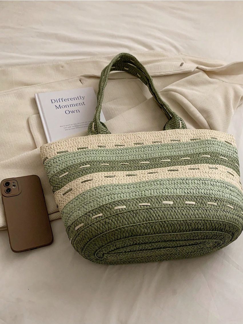 Colorblock Straw Bag Large Capacity For Vacation