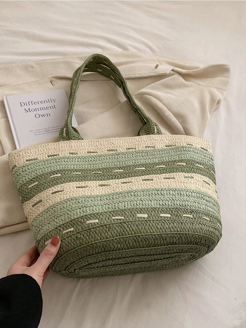 Colorblock Straw Bag Large Capacity For Vacation