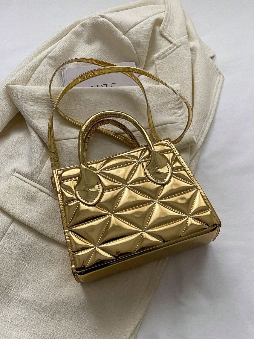 Quilted Square Bag Gold Funky Double Handle