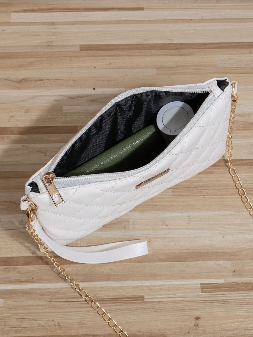 Quilted Square Bag White Metal Decor For Daily