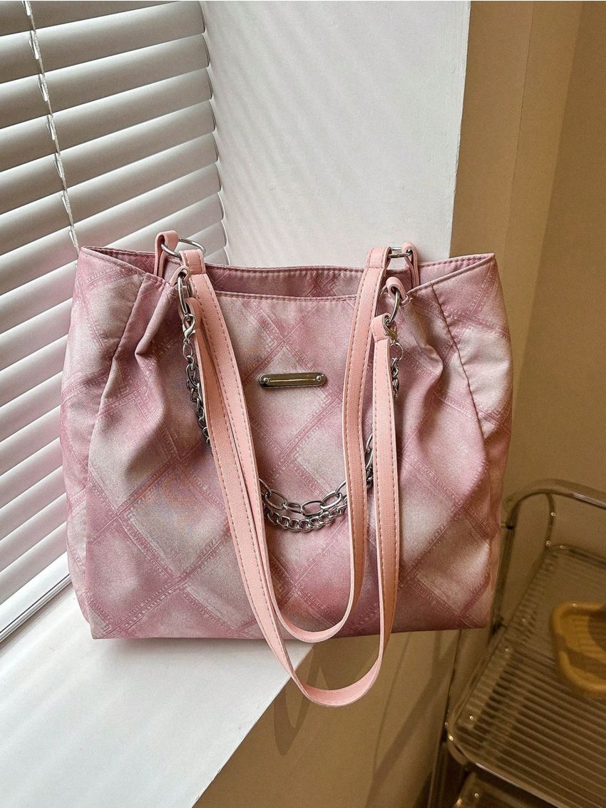 Polyester Shoulder Tote Bag Chain Decor Zipper